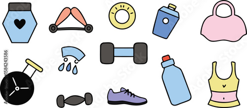 Vector art of a collection of colorful fitness icons including a shaker, dumbbells, water bottles, and athletic wear.
