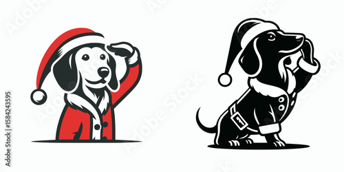 Dachshund Dog wear santa Claus Costumes Saluting. Christmas Holiday Clipart Line Art Vector Illustration Xmas. .