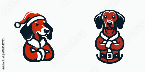 Dachshund Dog wear santa Claus Costumes Smiling with Arms Crossed. Christmas Holiday Clipart Line Art Vector Illustration Xmas. .