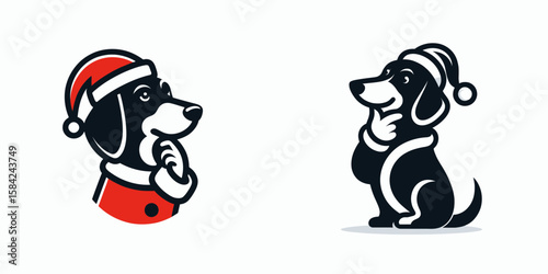 Dachshund Dog wear santa Claus Costumes Tapping Chin (Thinking). Christmas Holiday Clipart Line Art Vector Illustration Xmas. .