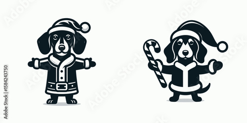 Dachshund Dog wear santa Claus Costumes Standing with Arms Open. Christmas Holiday Clipart Line Art Vector Illustration Xmas. .