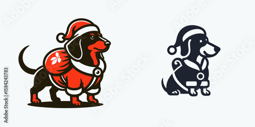 Dachshund Dog wear santa Claus Costumes Standing with a Sack on the Shoulder. Christmas Holiday Clipart Line Art Vector Illustration Xmas. .