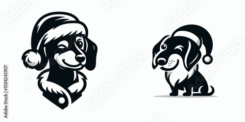Dachshund Dog wear santa Claus Costumes Winking. Christmas Holiday Clipart Line Art Vector Illustration Xmas. .