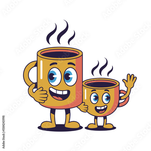 Two happy cartoon coffee mugs with arms and legs isolated on white background
