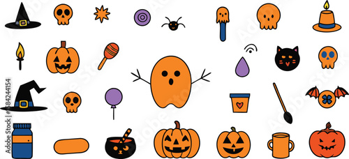 Vector art of a vibrant collection of cute halloween icons including pumpkins, ghosts, witches hats, skulls, and bats isolated on transparent background.