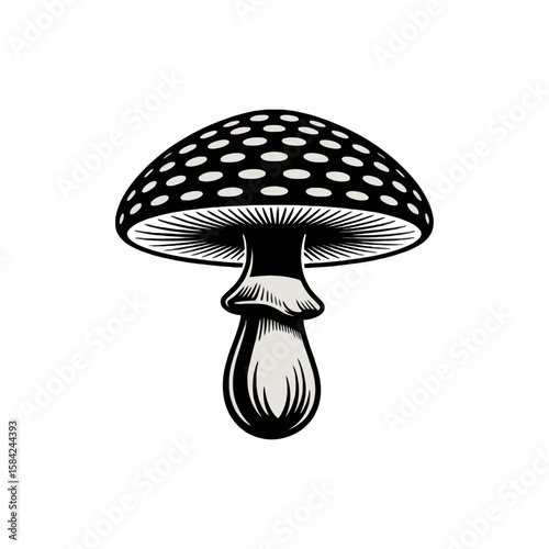 Stylized black and white mushroom with polka dots isolated on white background