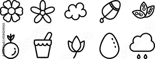 Vector art of a collection of simple line art icons representing spring elements like flowers, clouds, and eggs isolated on transparent background.