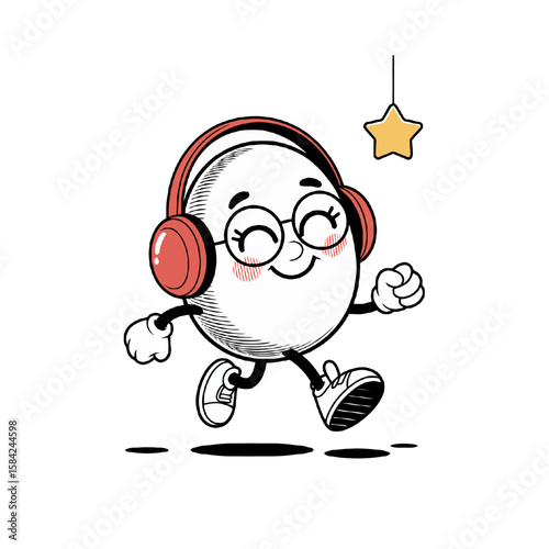 Happy egg character wearing headphones and glasses walking with a star isolated on white background