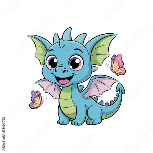 Cute blue baby dragon with wings and butterflies isolated on white background