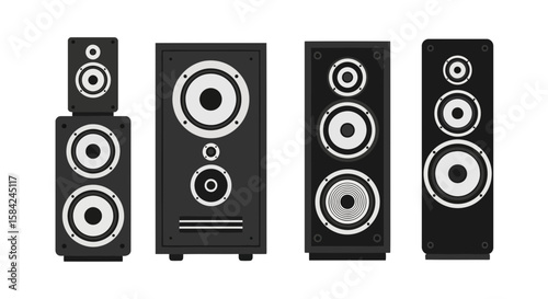 A collection of four black and white speakers isolated on white background, representing audio equipment and sound systems