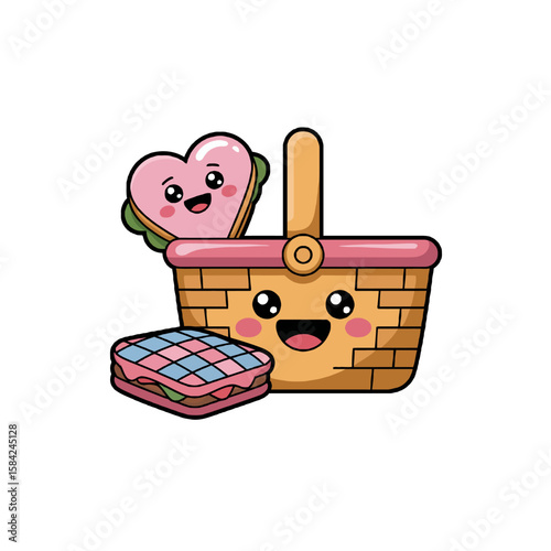 Cute kawaii picnic basket with heart shaped sandwich isolated on white background