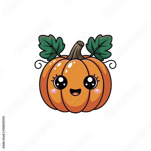 Cute kawaii cartoon pumpkin with big eyes and happy smile isolated on white background