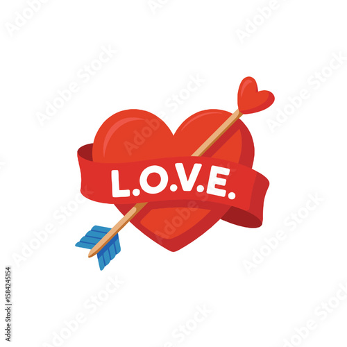 Red heart pierced by cupid s arrow with love ribbon isolated on white background