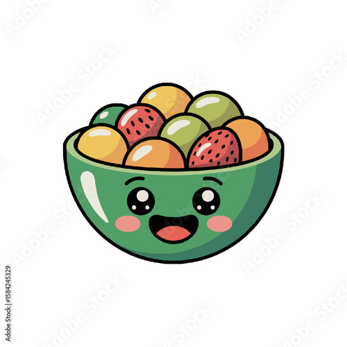 Cute kawaii fruit salad bowl with happy face isolated on white background