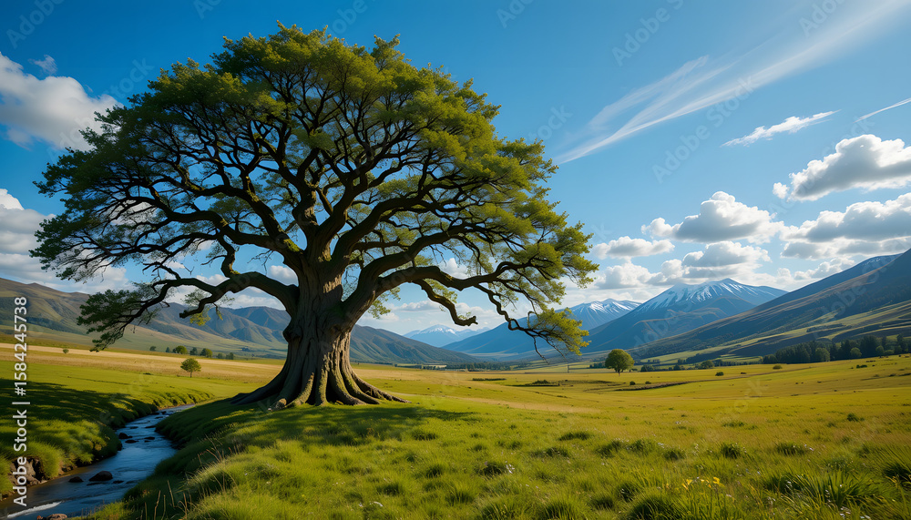 Fototapeta premium Majestic Oak in Scenic Meadow: An iconic, sprawling oak tree, a symbol of strength and longevity, stands proudly in a picturesque meadow, framed by rolling hills, a meandering stream.