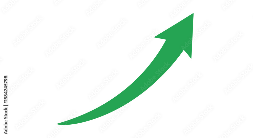 A green arrow curves upward, indicating growth and progress, isolated on white background A green arrow curves upward, indicating growth and progress, isolated on white background