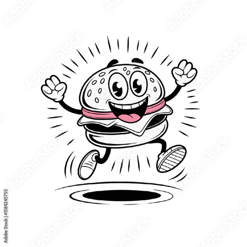 Happy cartoon burger character jumping with joy isolated on white background
