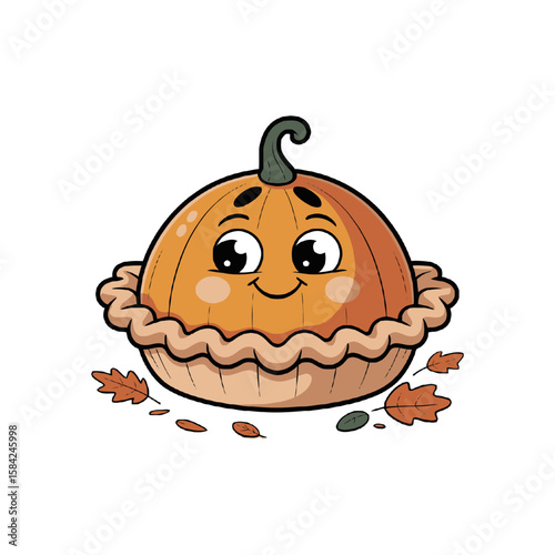 Cute cartoon pumpkin pie character with happy face and autumn leaves isolated on white background
