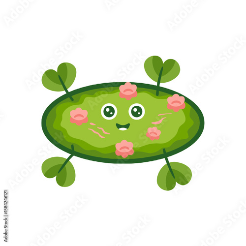 Cute cartoon pond creature with pink flowers and green leaves isolated on white background