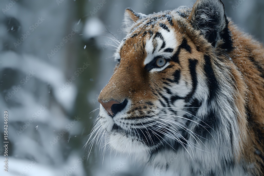 Naklejka premium Siberian Tiger in Snowy Forest: Majestic and Powerful