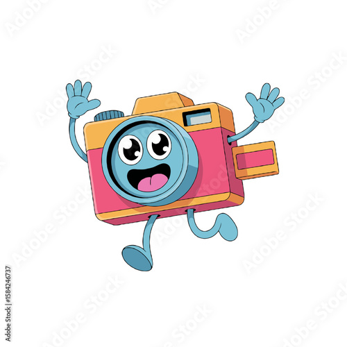 Happy cartoon camera character waving and running isolated on white background