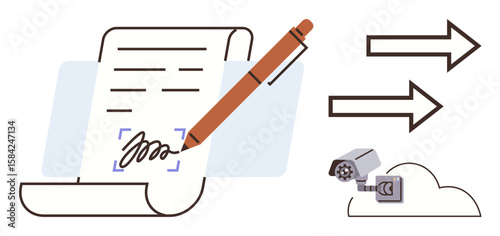 Paper being signed with a fountain pen, arrows representing data flow, and a security camera linked to a cloud. Ideal for contracts, digital workflow, security, documentation, data storage, business