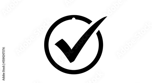 A black check mark is displayed inside a black circle against a white background, indicating approval and completion isolated on white background
