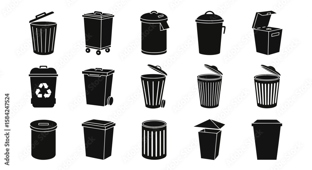 Fototapeta premium A collection of various black and white trash cans and bins, isolated on white background