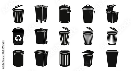 A collection of various black and white trash cans and bins, isolated on white background