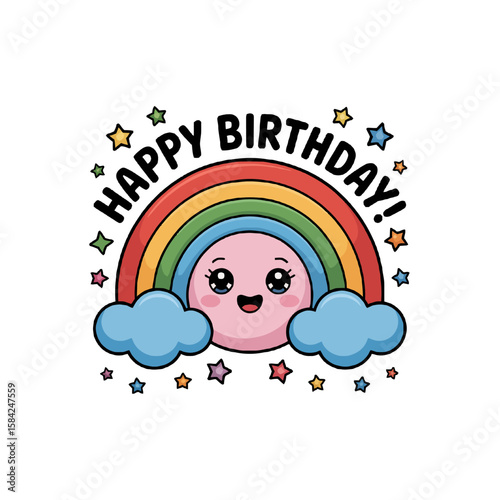 Cute happy rainbow character with stars and clouds saying happy birthday isolated on white background
