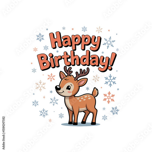 Cute cartoon deer with happy birthday text and snowflakes isolated on white background