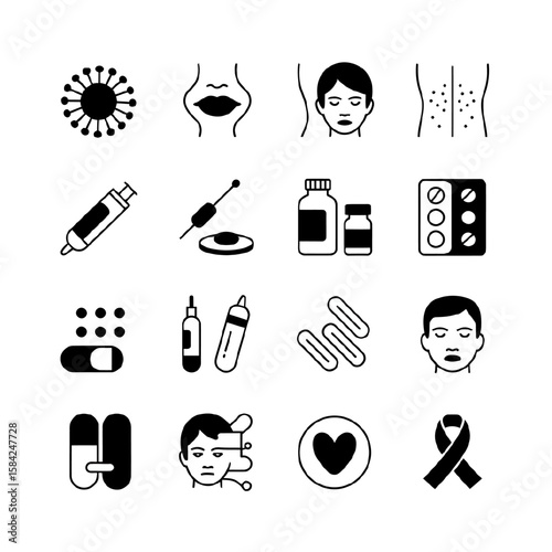 Collection of medical and health icons representing viruses treatments and conditions isolated on white background