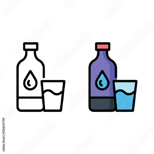 Two stylized icons of a bottle and glass one outlined and one colored isolated on white background
