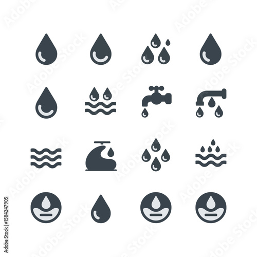 Collection of water drop and faucet icons isolated on white background