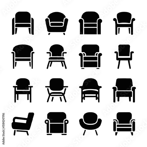Collection of various armchair icons in black silhouette isolated on white background