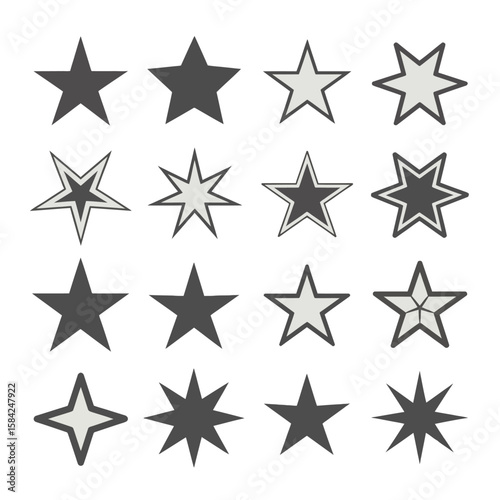 Collection of various star shapes and designs isolated on white background