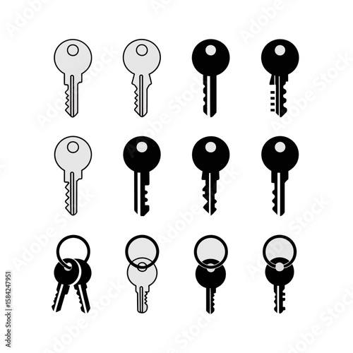 Collection of twelve different keys and keychains isolated on white background