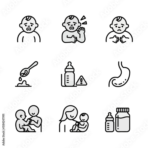 Baby health icons showing discomfort feeding and stomach issues isolated on white background