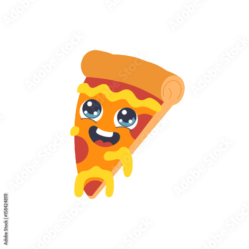 Cute cartoon slice of pizza with a happy face isolated on white background
