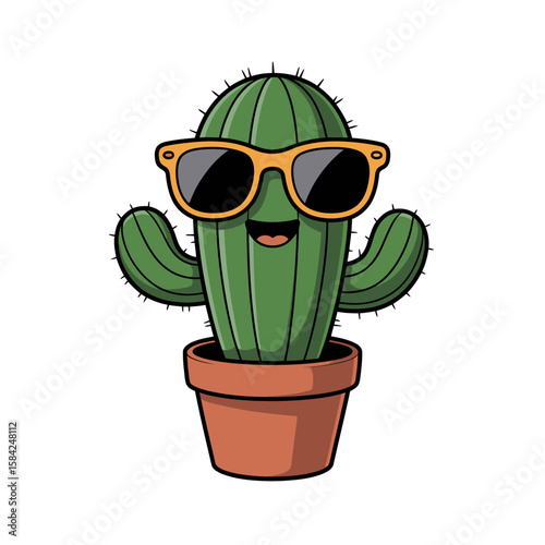 Happy cartoon cactus wearing sunglasses in a pot isolated on white background
