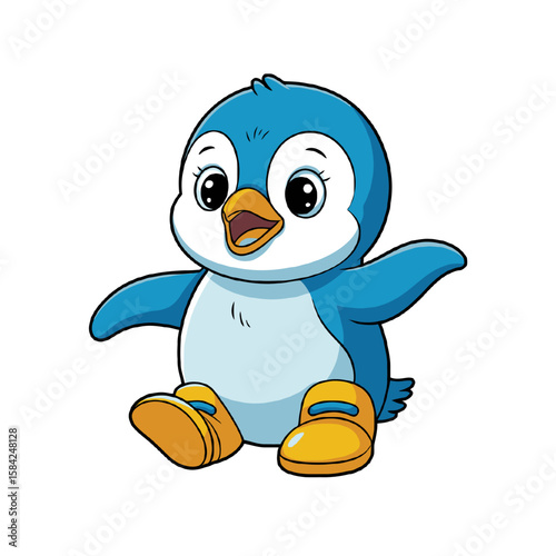 Cute cartoon baby penguin sitting and waving isolated on white background