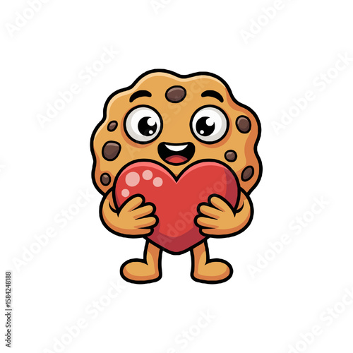 Cute cartoon cookie character holding a red heart isolated on white background