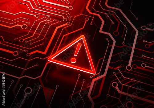 Cybersecurity Alert: A stark, illuminated warning symbol is the centerpiece of a network circuit, vividly conveying the critical essence of a data breach.
