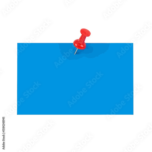 A red pushpin secures a blue note, isolated on white background, representing a reminder or message on a board