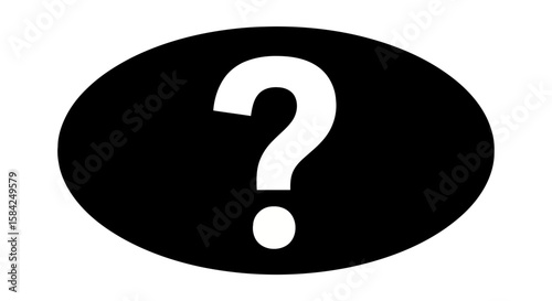A white question mark is displayed in a black oval, symbolizing uncertainty and inquiry, isolated on white background