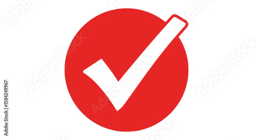 A white check mark inside a red circle is isolated on white background, symbolizing approval, success, or confirmation