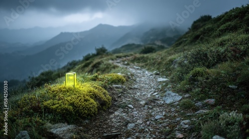 Trail Marker Illuminates Winding Path in Mountainous Terrain During Twilight Hours