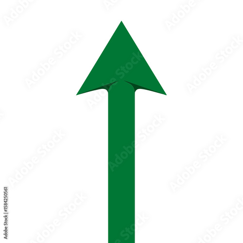 A straight green arrow pointing upwards is displayed isolated on white background, indicating direction and growth