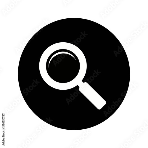 A white magnifying glass on a black circular background represents searching and investigation