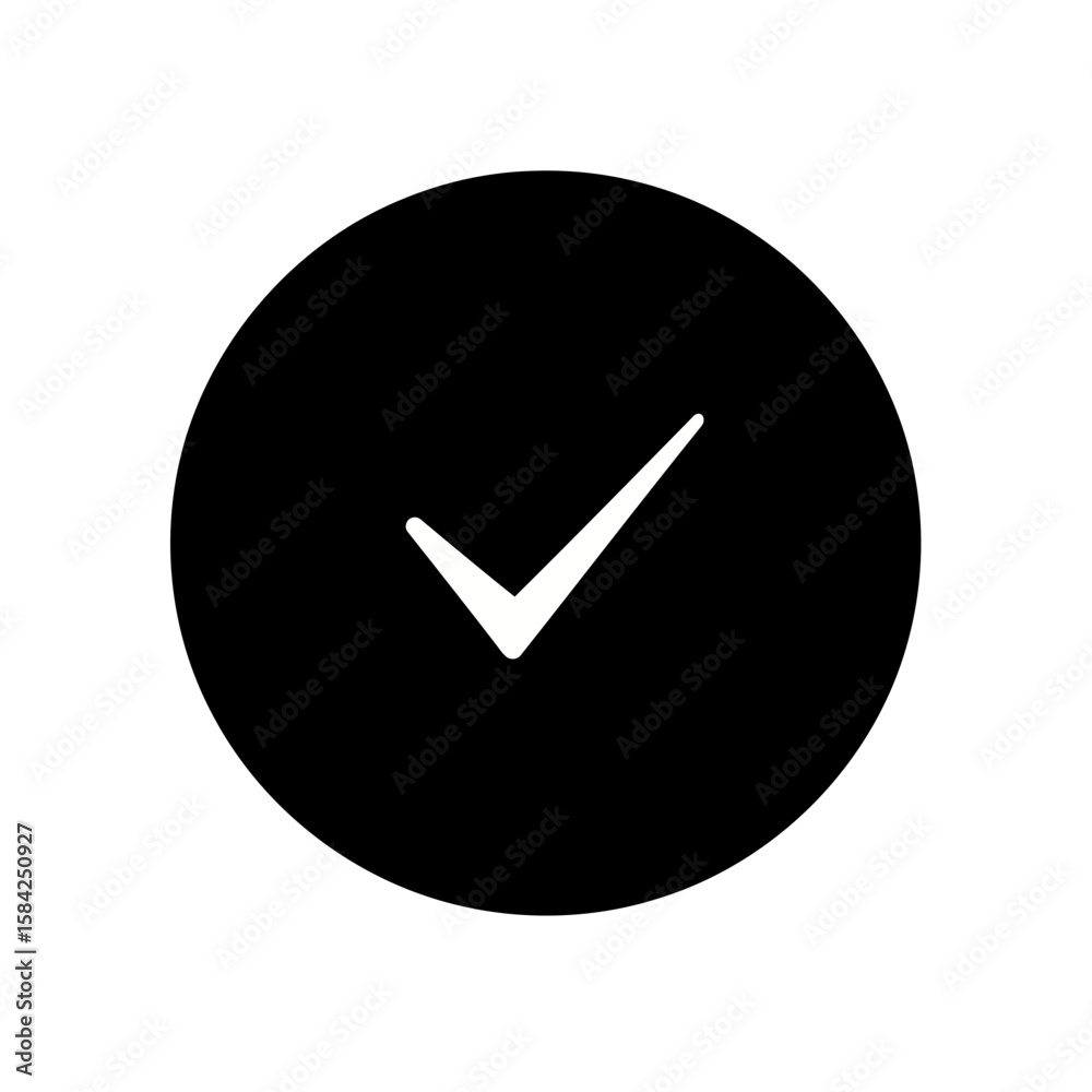 A white check mark inside a black circle, representing approval and confirmation, isolated on white background A white check mark inside a black circle, representing approval and confirmation, isolated on white background